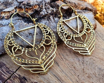 Gypsy Brass Hoop Earrings; Ethnic, Geometric, Rustic, Yoga, Hippie, Gypsy, Pretty, Psy, Boho, Bohemian, Festival