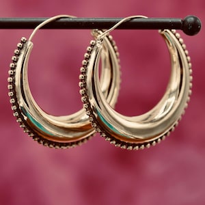 Gold Chunky Hoops, Thick Earrings Detailed Edges, Bohemian Style, Hypoallergenic Option