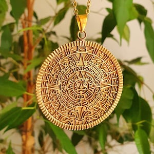 Gold Sacred Mayan Calendar Necklace / Hypoallergenic / Brass / Boho / Aztec / Inca / Ethnic / Hypoallergenic / Third Eye / Illuminati