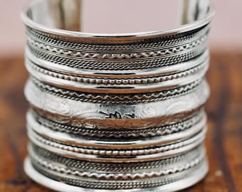 Boho Silvermanschett, Etniska Boho Chic Smycken, Handgjort Öppet Armband