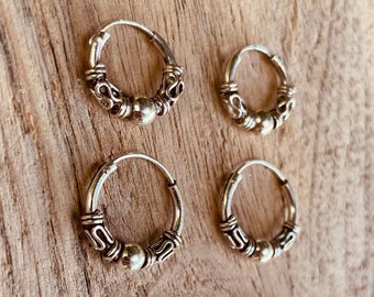 Pendientes Clicker Bali Fine Creoles Silver 925 / Tribal / Rústico / Étnico / Hippie / Boho / Boho / Festival