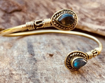 Boho Bracelet / Bangle / Laiton / Labradorite / Rustique / Ethnique / Jonc / Bohème / Hippie / Gypsy / Psy / Chic / Bijou / Réglable