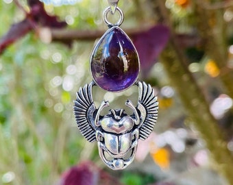 Silver Scarab Necklace / Amethyst / Talisman / Third Eye / Hypoallergenic / Brass / Boho / Inca / Ethnic / Illuminati