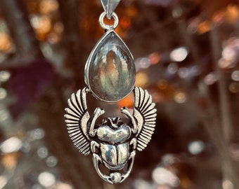 Silver Scarab Necklace / Labradorite / Talisman / Third Eye / Hypoallergenic / Brass / Boho / Inca / Ethnic / Illuminati