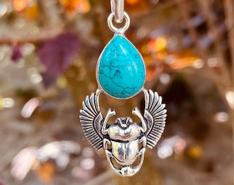 Turquoise Collier Scarabée Argentée / Argent / Talisman / Chaine Hypoallergenique / Acier Inoxydable / Bohème / Ethnique