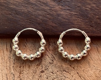 Orb Hoop Earrings Sterling Silver 925 Clicker / Pure Silver Earrings / Dainty / Ethnic Boho Bohemian Marriage Bridal Jewelry Hippie