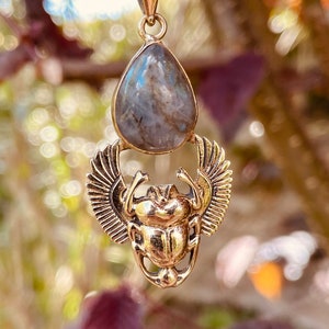 Golden Scarab Labradorite Necklace / Talisman / Third Eye / Hypoallergenic / Brass / Boho / Inca / Ethnic / Illuminati