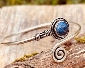 Lapis Lazuli Silver Bracelet / Adjustable / Spiral / Ethnic / Rustic / Bohemian  / Boho /