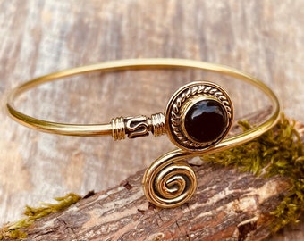 Jonc Onyx Noir / Laiton / Spirale / Bracelet / Ethnique / Bohème / Réglable / Boho