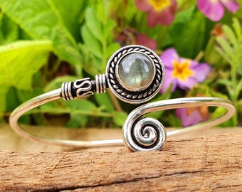 Jonc Labradorite Argent / Spirale / Bracelet / Ethnique / Bohème / Réglable / Boho