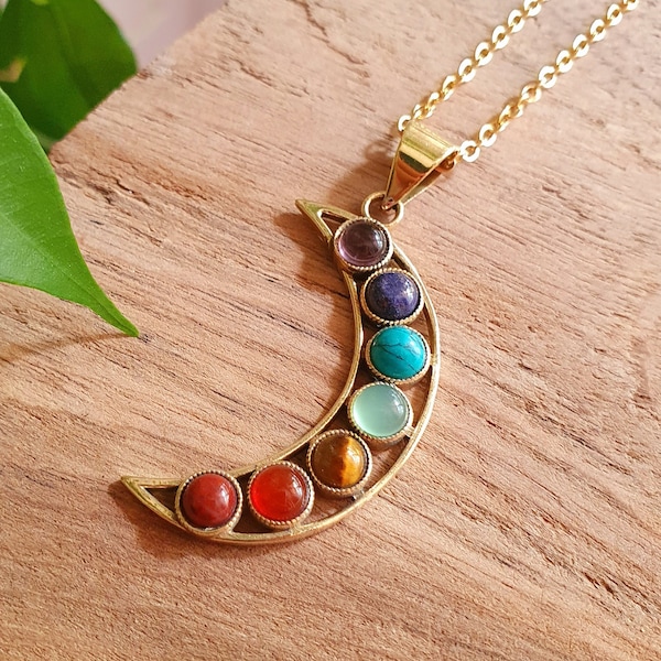 Boho Moon 7 Chakras Brass Pendant Necklace, Stainless Steel Chain, Boho Gift for Her