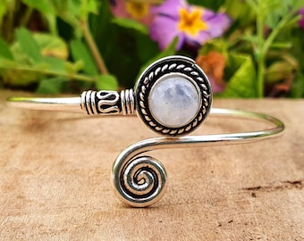 Silver Bracelet & Moonstone / Brass / Adjustable / Spiral / Ethnic / Rustic / Bohemian  / Boho /