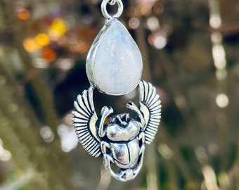 Collana Silver Beetle / Moonstone / Silver / Talisman / Catena ipoallergenica / Acciaio inossidabile / Boho / Etnico