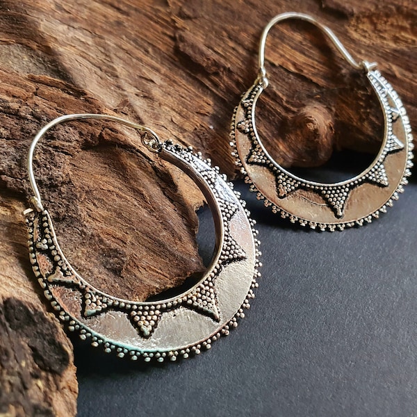 Silver Afghani Hoop Earrings; Ethnic, Geometric,  Small, Rustic, Yoga, Hippie, Gypsy, Pretty, Ssy, Boho, Bohemian, Festival