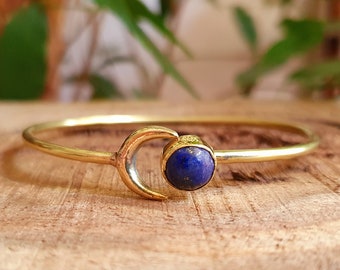 Bracelet de Lune Lapis Lazuli Laiton / Jonc / Galaxie / Solaire / Soleil / Ethnique / Bohème / Bijou / Réglable