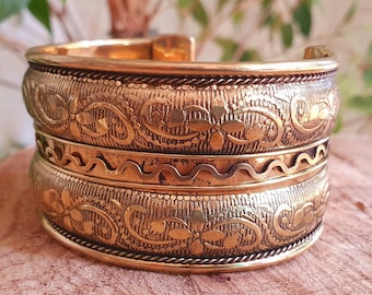 Floral Golden Cuff Bracelet, Boho Brass Cuff Bracelet