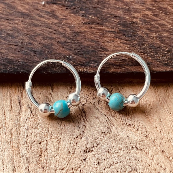 Mini Turquoise Sterling Silver 925 Hoop Earrings / Clicker Jewellery /  Small Hoops / Rustic / Yoga / Hippie / Boho / Bohemian / Unisex