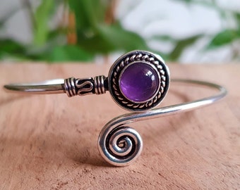 Jonc Argentée Améthyste / Argent / Spirale / Bracelet / Ethnique / Bohème / Réglable / Boho