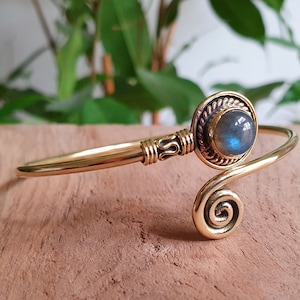 Gold Bracelet & Labradorite / Brass / Adjustable / Spiral / Ethnic / Rustic / Bohemian  / Boho /