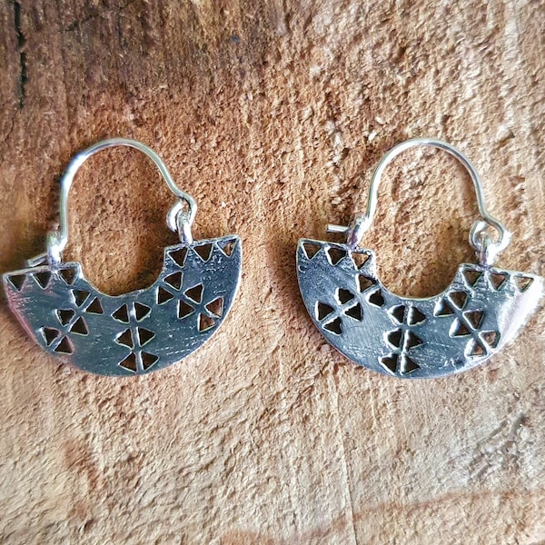 Mini Aztec Inca Style Silver Earrings; Ethnic, Geometric, rustic, yoga, hippie, gypsy, pretty, psy, boho, bohemian, festival