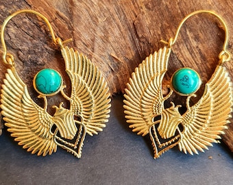 Gold Scarab Earrings Ancient Turquoise & Brass ; Ethnic, Geometric, rustic, yoga, hippie, gypsy, pretty, boho, bohemian, festival