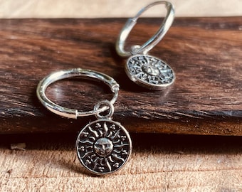 Sterling Silver Tiny Sun Hoop Earrings / Gift Box Option / Boho / Tarot / Sensitive / Hypoallergenic ears / KaaliBoutiqueLTD