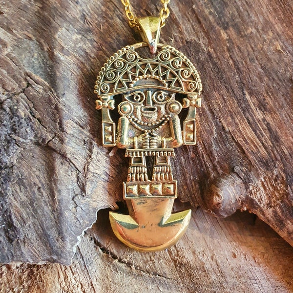 Collier Panthéon Maya dorée / Laiton / Chaine Hypoallergénique / Acier Inoxydable / Aztèque / Inca / Bohème / Ethnique / Rustique