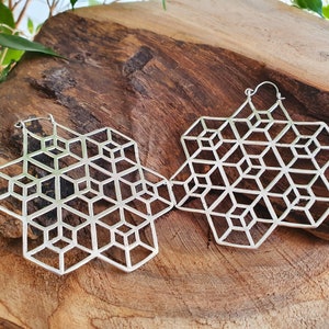 Peut inclure: Une paire de boucles d'oreilles argentées en forme d'étoile géométrique. Les boucles d'oreilles présentent un motif ajouré de cubes et de lignes interconnectés. Elles sont présentées sur une surface en bois.