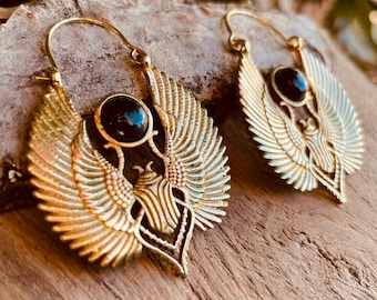 Gold Scarab Earrings Ancient Black Onyx  ; Ethnic, Geometric, rustic, yoga, hippie, gypsy, pretty, boho, bohemian, festival