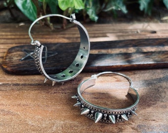 Silver Spike Hoop Earrings / Steampunk / Boho Jewellery / Punk / Goth Fashion / Tattoo / Ethnic / Rustic /  Gypsy / Spiral / Hippie style