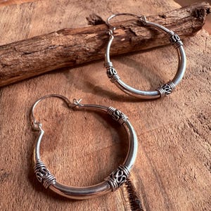 Pendientes de aro tribales gruesos de plata / rústicos / étnicos / hippies / bohemios / festivales