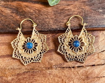 Lapis Lazuli Boho Earrings Brass Earrings / Mandala Star Shape / Ethnic / Rustic / Yoga / Hippie / Gypsy / Psy / Bohemian / Festival