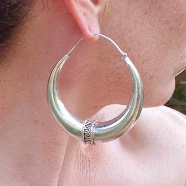Extra Large Silver Tribal Hoop Earrings / Ear Weights / Ethnic / Rustic / Bohemian / Gypsy / Spiral / Hippie / Chunky / Festival / style