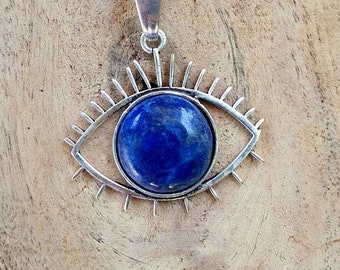 Silver Eye of Protection Necklace / Lapis Lazuli / Third Eye / Hypoallergenic / Brass / Boho / Inca / Ethnic / Hypoallergenic / Illuminati