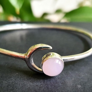 Bracelet de Lune / Quartz Rose / Argent / Jonc / Galaxie / Solaire / Soleil / Ethnique / Bohème / Bijou / Réglable