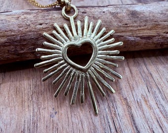 Sacred Heart Pendant Necklace, Mexican Milagro Inspired Necklace, Sunburst Heart Necklace, Boho Gold Necklace