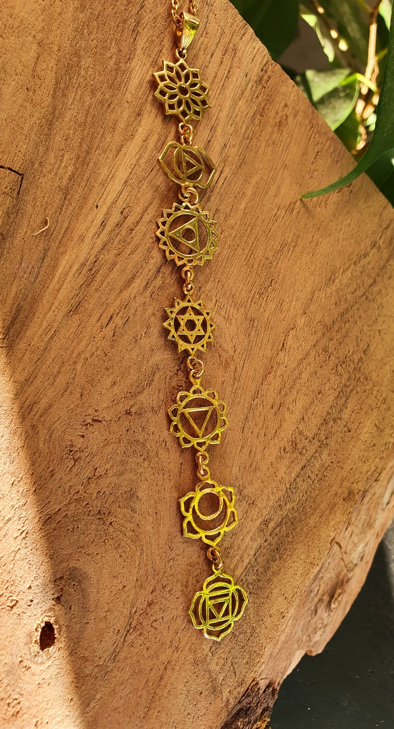 Gold Seven 7 Chakras Necklace / Hypoallergenic / Brass / Yoga / Reiki / Boho / Hippie / Rustic / Ethnic / Crystals / Third Eye / Illuminati image 9