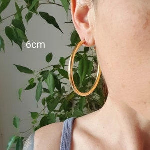 May include: Gold hoop earrings with a diameter of 6 cm. The earrings are shown on a person's ear.