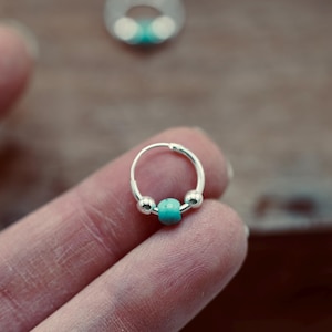 Tiny Turquoise Sterling Silver 925 Hoop Earrings, Small Hoops, Clicker Jewellery, Gift Box Option image 3