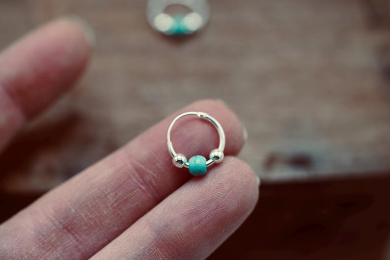 Tiny Turquoise Sterling Silver 925 Hoop Earrings, Small Hoops, Clicker Jewellery, Gift Box Option image 3