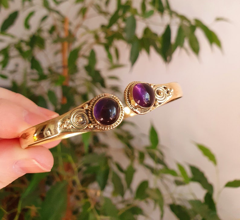 Amethyst Bracelet Boho Brass Bangle / Amethyst / Brass / Arm Bracelet / Ethnic / Rustic / Bohemian / Hippie / Gypsy / Psy / Birthstone image 1