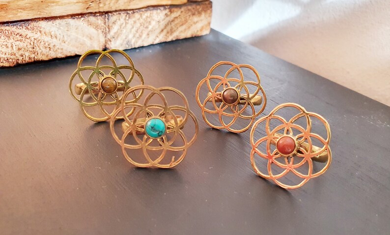 Mandala Flower Spiral Brass Ring Turquoise Tiger Eye Sun Stone Boho Ethnic Rustic Tribal Gypsy Festival Healing