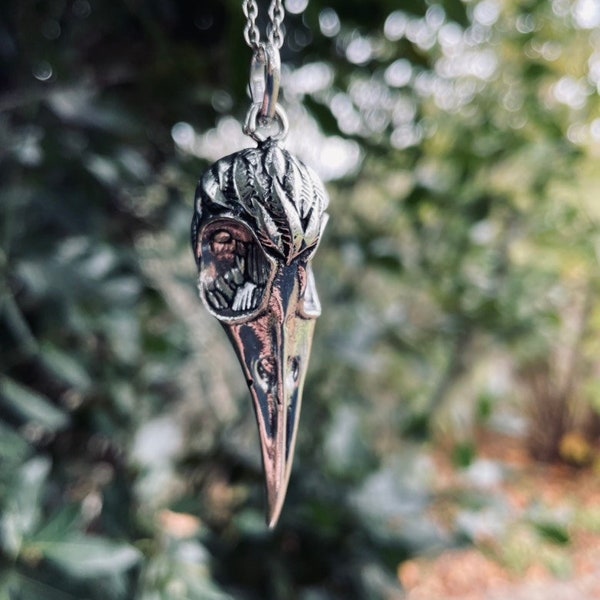 Silver Raven Skull Pendant Necklace / Bird Skull / Viking / Nordic / Gothic / Punk / Taxidermy / Witchcraft / Animal Necklace