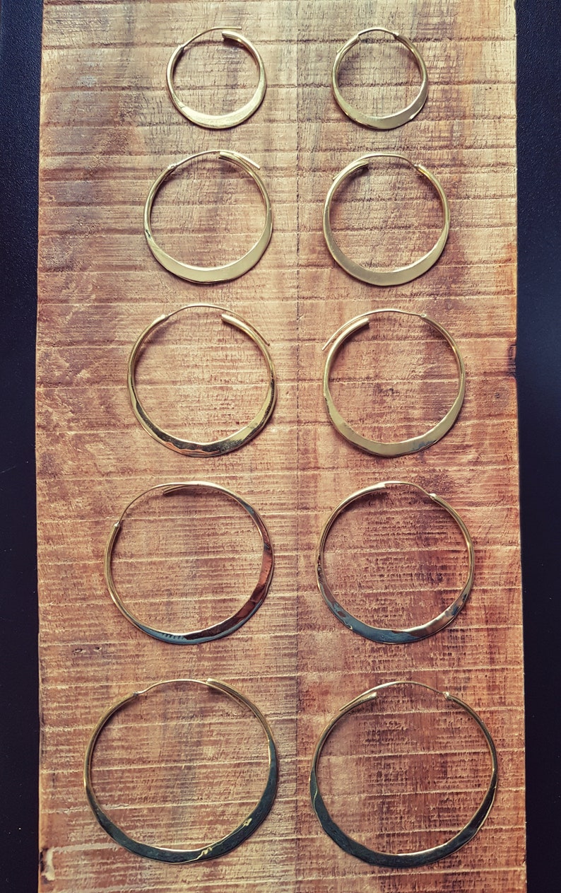 Rustic Gold Hoops / Hammered Flat / Brass Hoops / Ethnic Boho Classic XL Bohemian Chic Gold Gypsy Spiral Hippie Hiphop Festival image 1