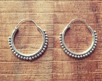 Tribal Silver Hoop Earrings; Ethnic, Geometric,  Small, Rustic, Yoga, Hippie, Gypsy, Pretty, Psy, Boho, Bohemian, Festival