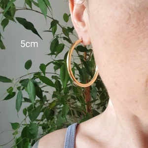 May include: Gold hoop earrings with a diameter of 5 cm. The earrings are shown on a person's ear.