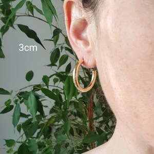 May include: Gold hoop earrings with a diameter of 3 cm. The earrings are shown on a person's ear.