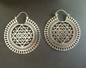 Sri Yantra Extra Large Silver Earrings; Brass Ear Weights Boho Ethnic Rustic Indian Festival Psy Gypsy Spiral Hippie style