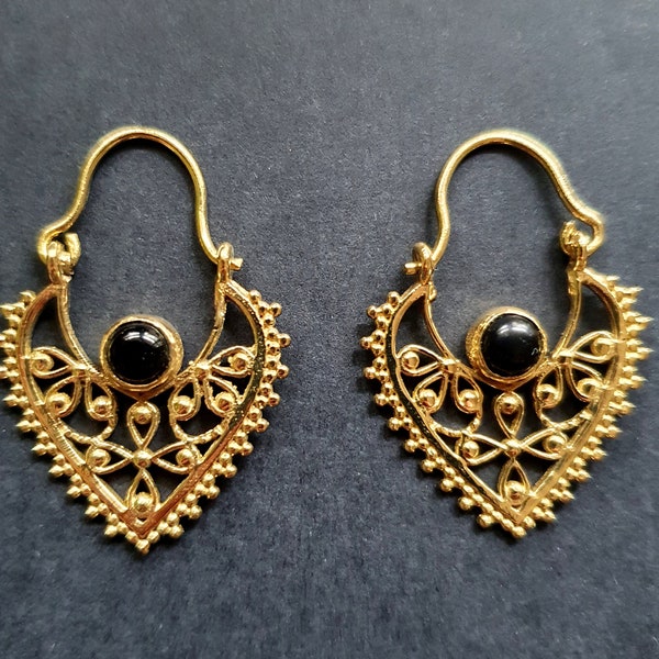 Small Boho Golden Earrings Black Onyx / Brass Triangle / Mandala / Ethnic / Rustic / Yoga / Hippie / Gypsy / Psy / Bohemian / Festival