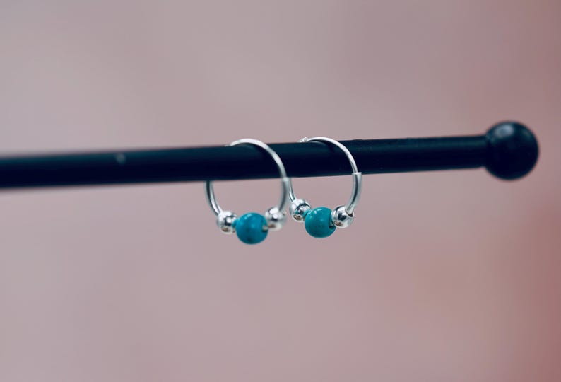 Tiny Turquoise Sterling Silver 925 Hoop Earrings, Small Hoops, Clicker Jewellery, Gift Box Option image 13